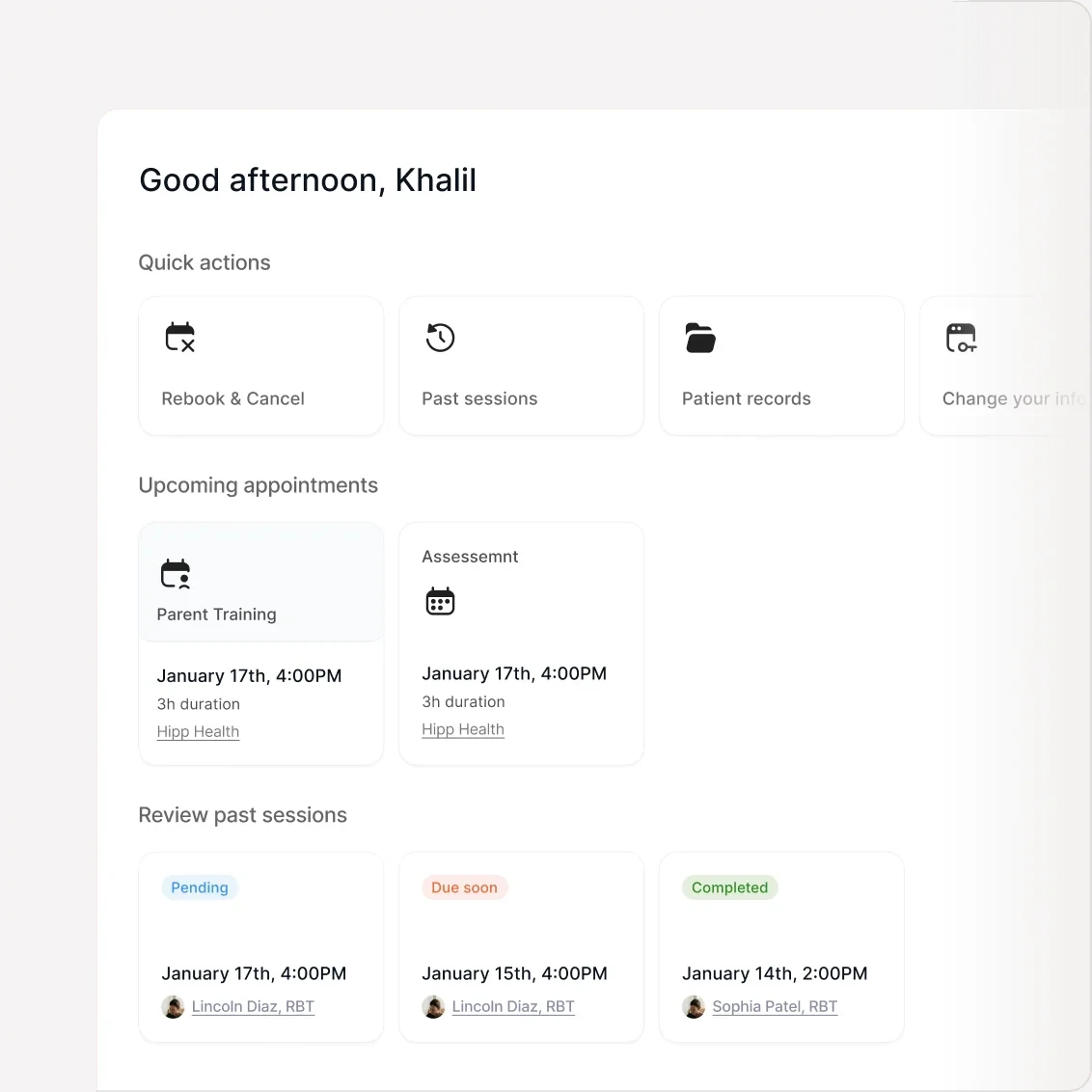 The family portal's home screen with upcoming appointments